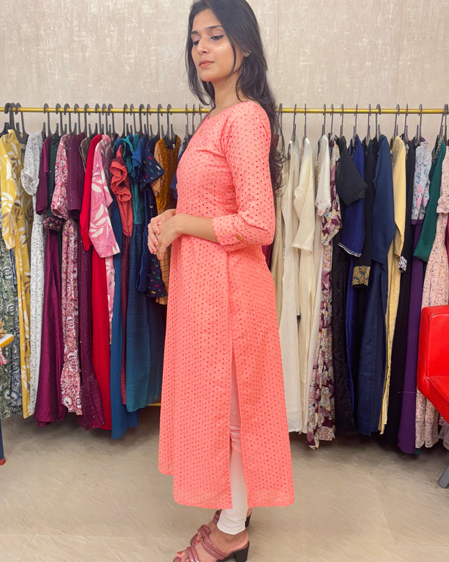Hakoba Pure Cotton Kurti in Soft Peach Pink EC043