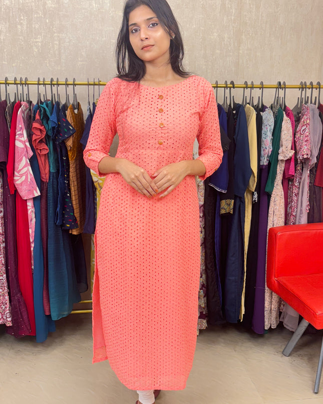 Hakoba Pure Cotton Kurti in Soft Peach Pink EC043