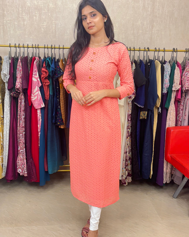 Hakoba Pure Cotton Kurti in Soft Peach Pink EC043