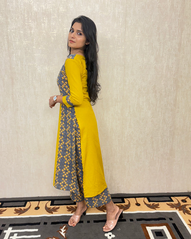 EC048 – Mustard Pure Cotton A-Line Kurti Set with Printed Detailing