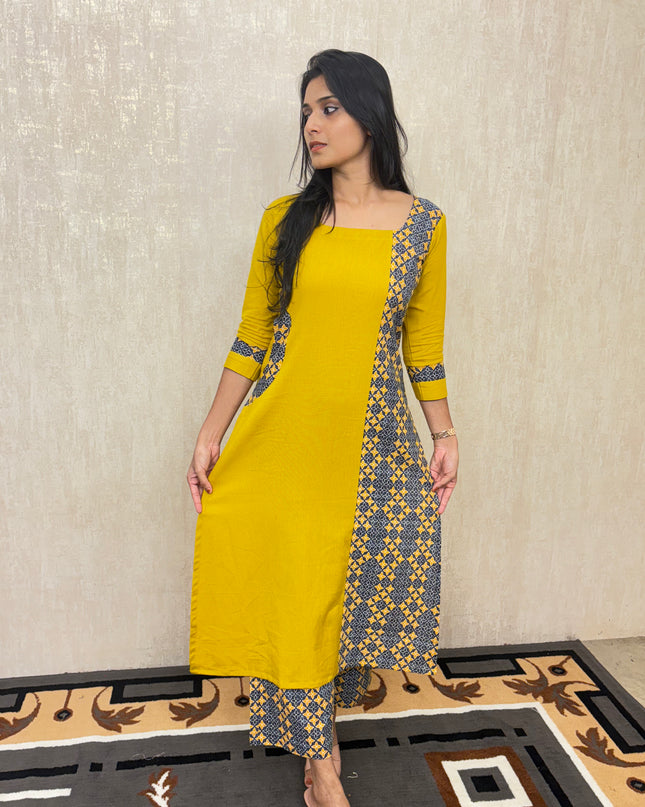 EC048 – Mustard Pure Cotton A-Line Kurti Set with Printed Detailing
