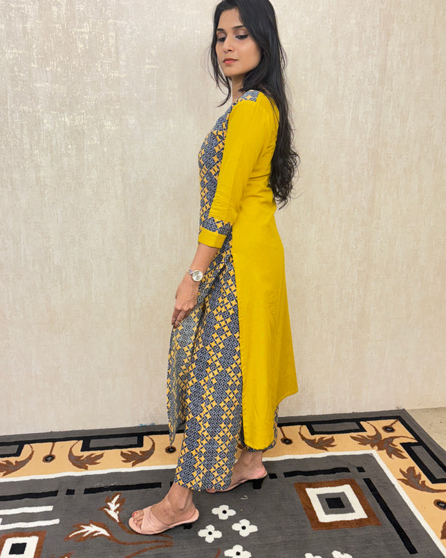 EC048 – Mustard Pure Cotton A-Line Kurti Set with Printed Detailing