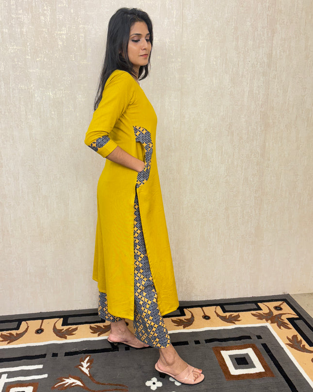 EC048 – Mustard Pure Cotton A-Line Kurti Set with Printed Detailing
