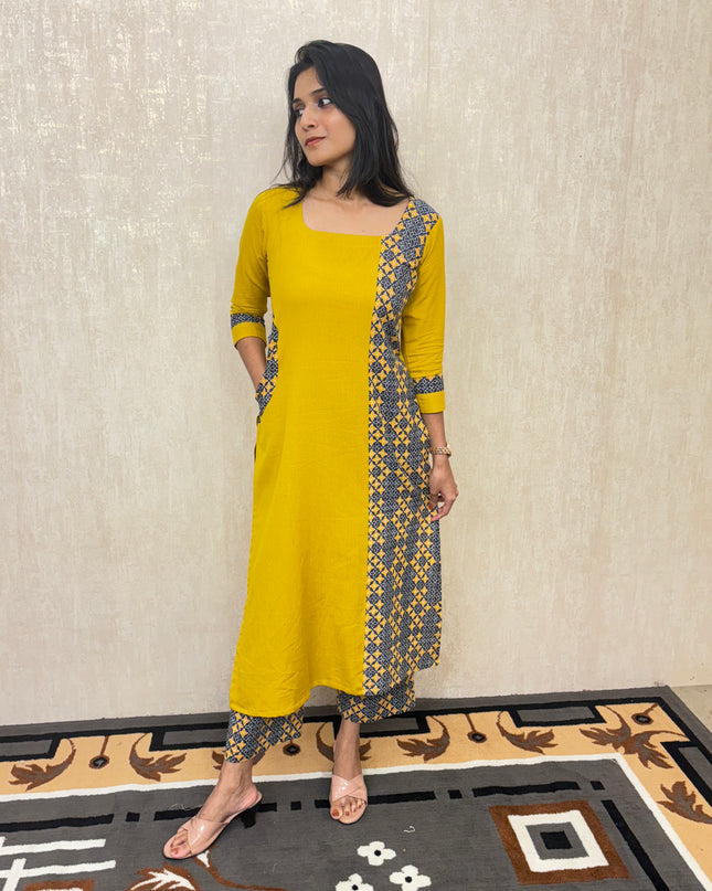 EC048 – Mustard Pure Cotton A-Line Kurti Set with Printed Detailing