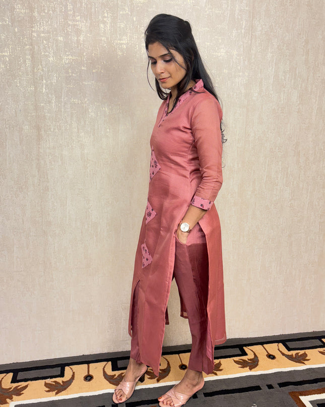 Onion Pink Net Cota Kurti Set with Modal Silk Pants EC049