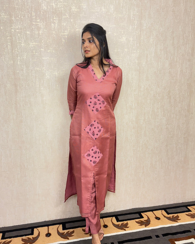 Onion Pink Net Cota Kurti Set with Modal Silk Pants EC049