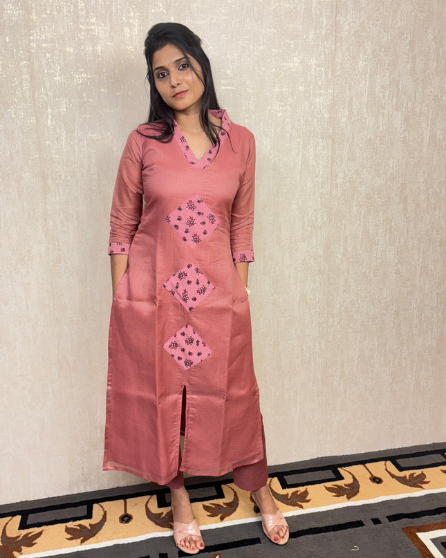 Onion Pink Net Cota Kurti Set with Modal Silk Pants EC049