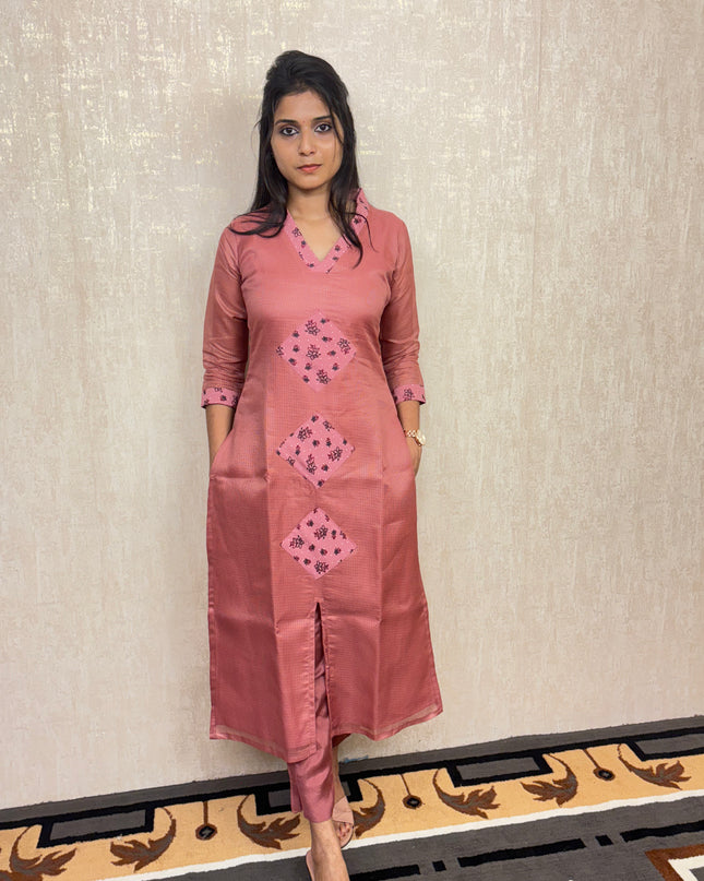 Onion Pink Net Cota Kurti Set with Modal Silk Pants EC049