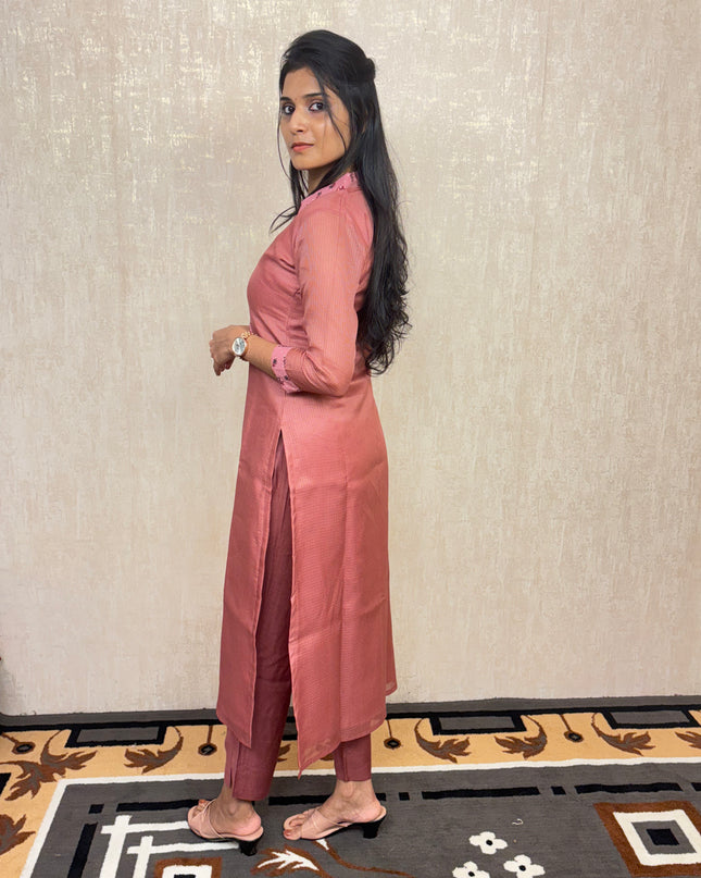 Onion Pink Net Cota Kurti Set with Modal Silk Pants EC049