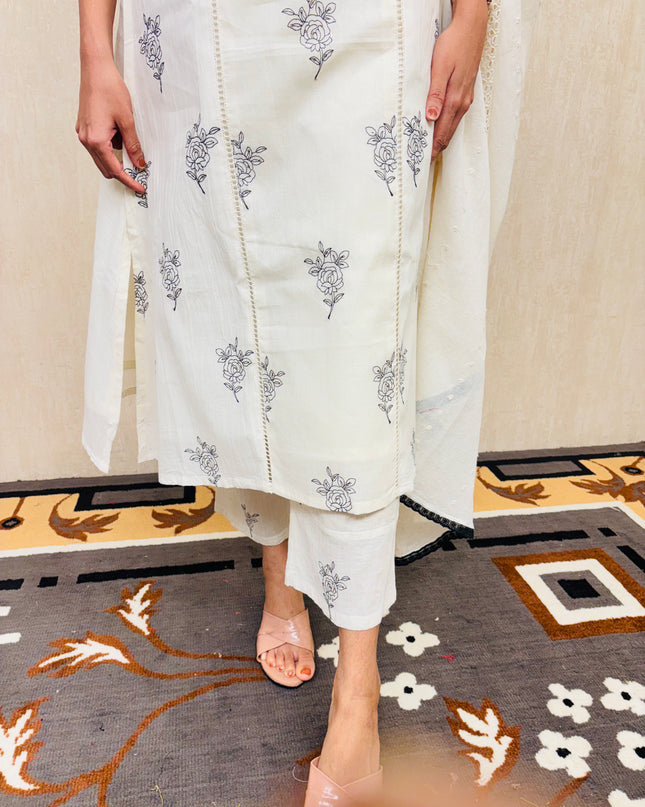 White Cotton 3-Piece Embroidered Ethnic Set EC055