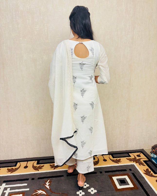 White Cotton 3-Piece Embroidered Ethnic Set EC055