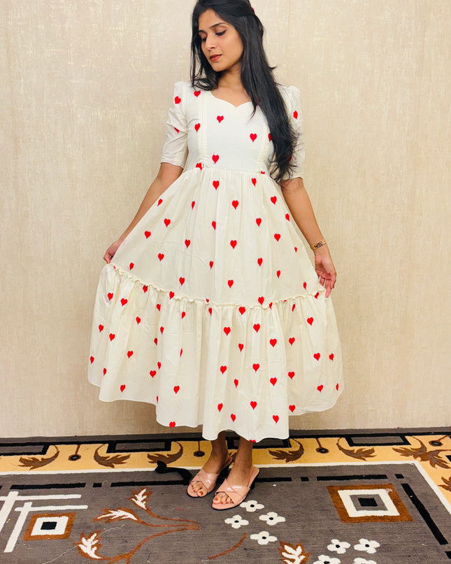 Pure Cotton Red Heart Embroidered Feeding-Friendly Maxi Dress EC056