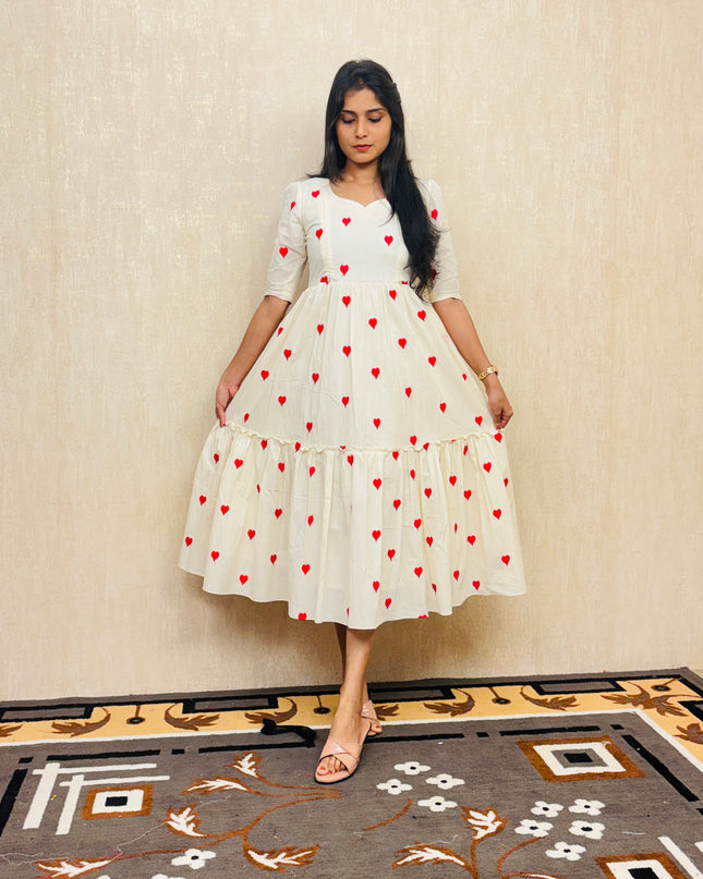 Pure Cotton Red Heart Embroidered Feeding-Friendly Maxi Dress EC056