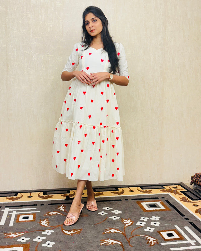 Pure Cotton Red Heart Embroidered Feeding-Friendly Maxi Dress EC056