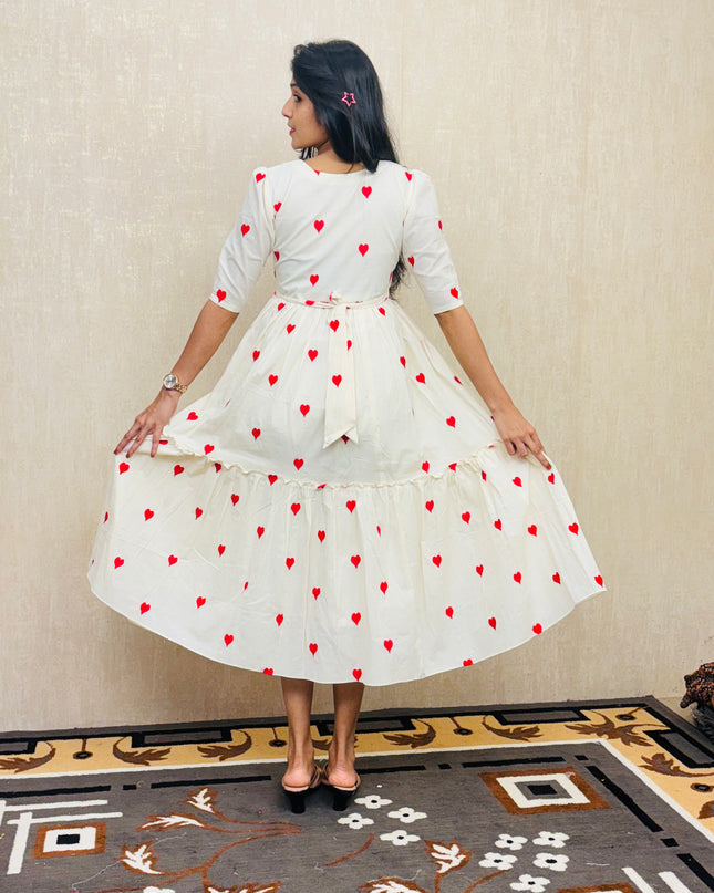 Pure Cotton Red Heart Embroidered Feeding-Friendly Maxi Dress EC056