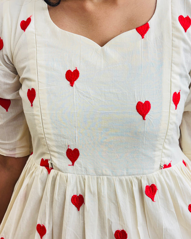Pure Cotton Red Heart Embroidered Feeding-Friendly Maxi Dress EC056