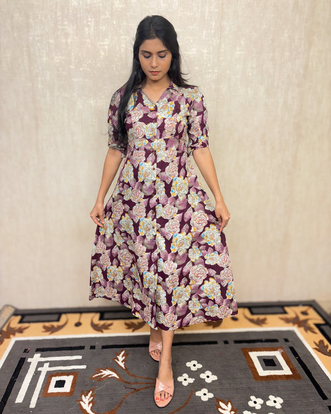 EC019 – Floral Soft Cotton Kurti with Princess Cut & Puffed Sleeves