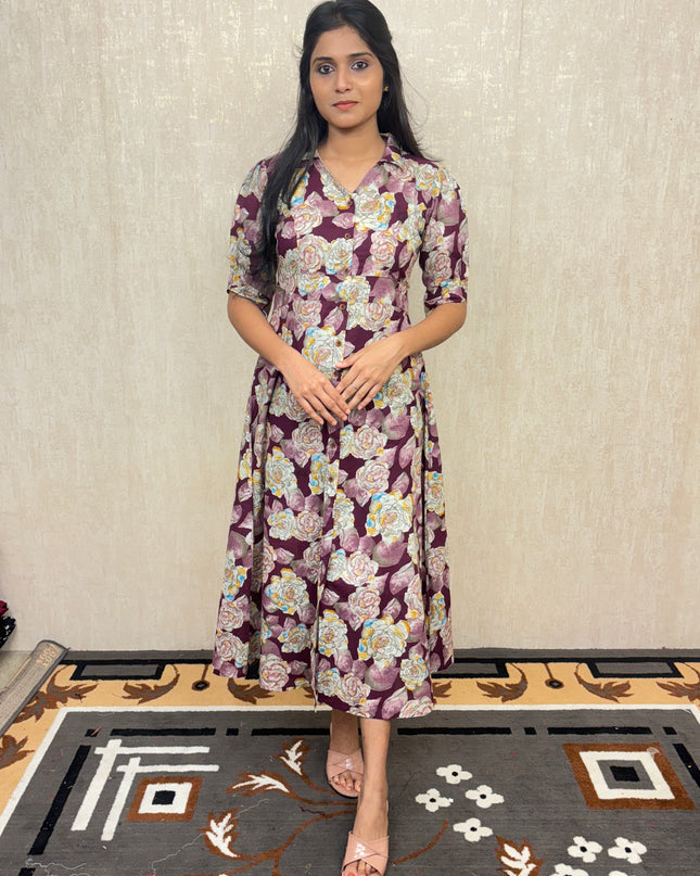 EC019 – Floral Soft Cotton Kurti with Princess Cut & Puffed Sleeves