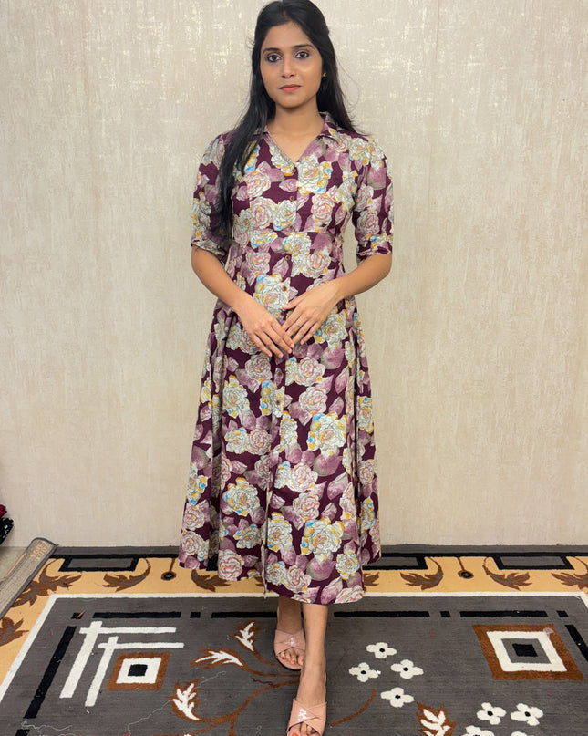EC019 – Floral Soft Cotton Kurti with Princess Cut & Puffed Sleeves