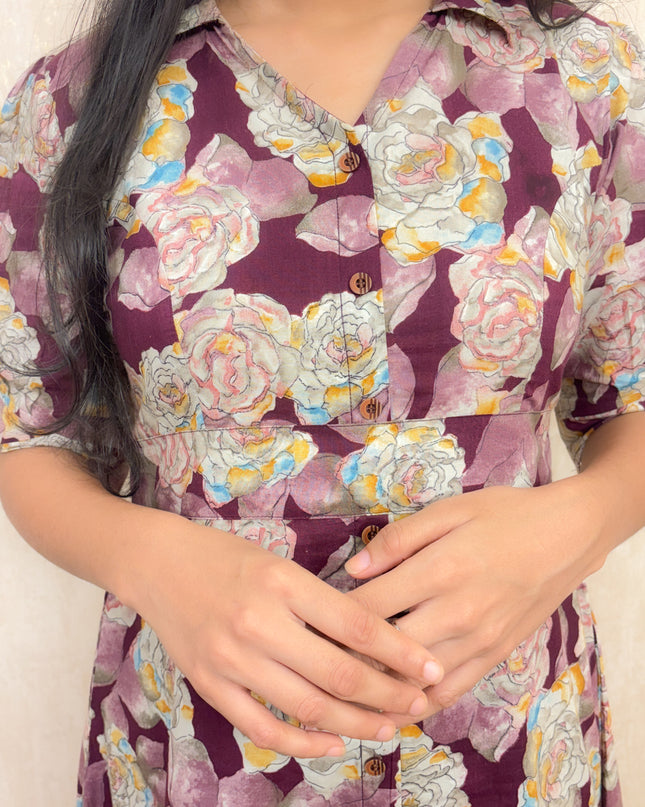 EC019 – Floral Soft Cotton Kurti with Princess Cut & Puffed Sleeves