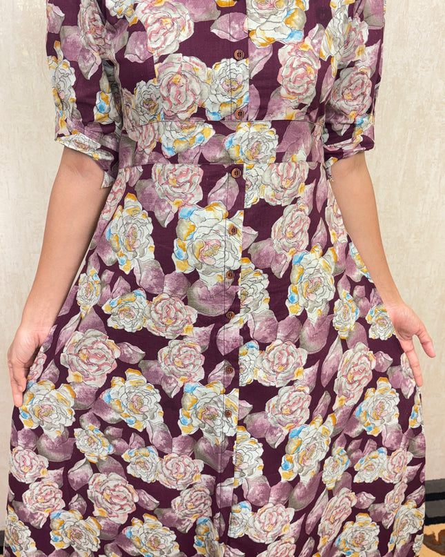 EC019 – Floral Soft Cotton Kurti with Princess Cut & Puffed Sleeves