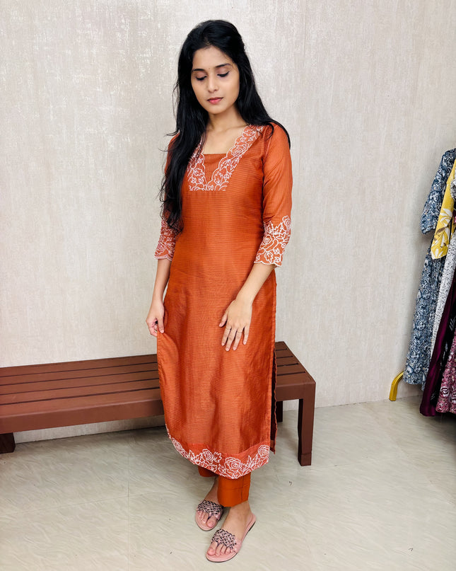 Embroidered Net Cotta Cotton Side Open Kurti with Pencil Bottom - EC025