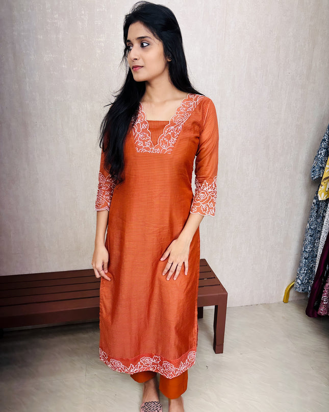 Embroidered Net Cotta Cotton Side Open Kurti with Pencil Bottom - EC025