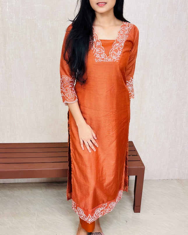 Embroidered Net Cotta Cotton Side Open Kurti with Pencil Bottom - EC025