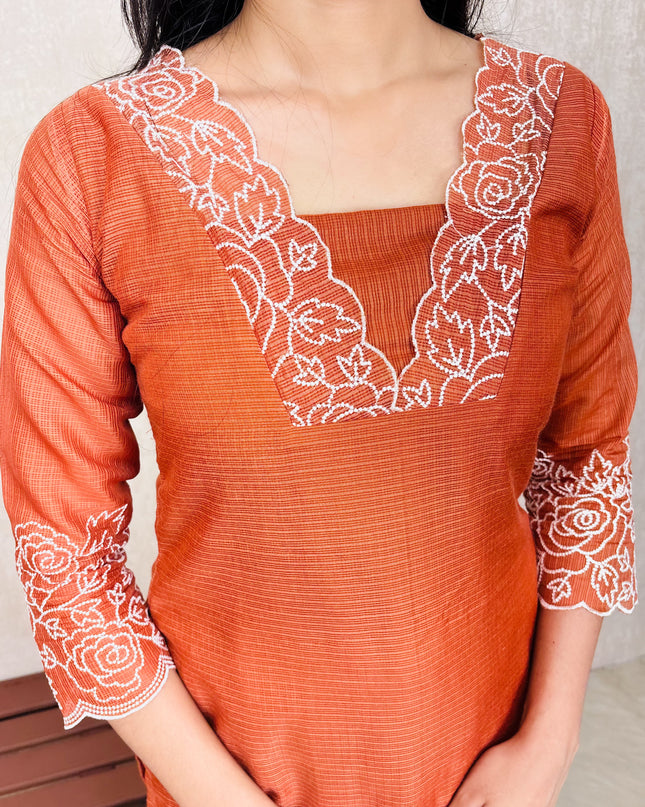 Embroidered Net Cotta Cotton Side Open Kurti with Pencil Bottom - EC025