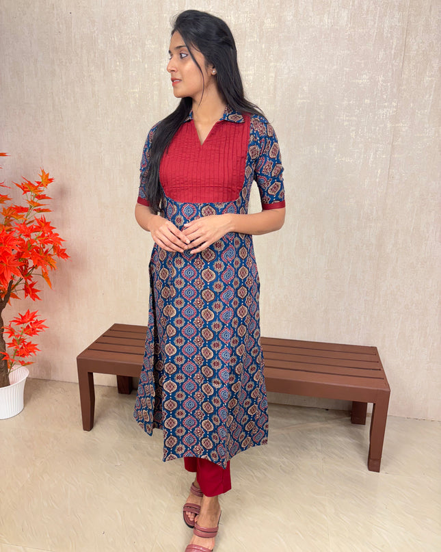 Printed Cotton A-Line Kurti with Pin Tuck Yoke – EC073