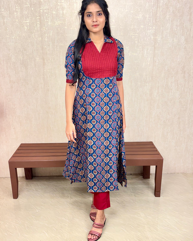 Printed Cotton A-Line Kurti with Pin Tuck Yoke – EC073