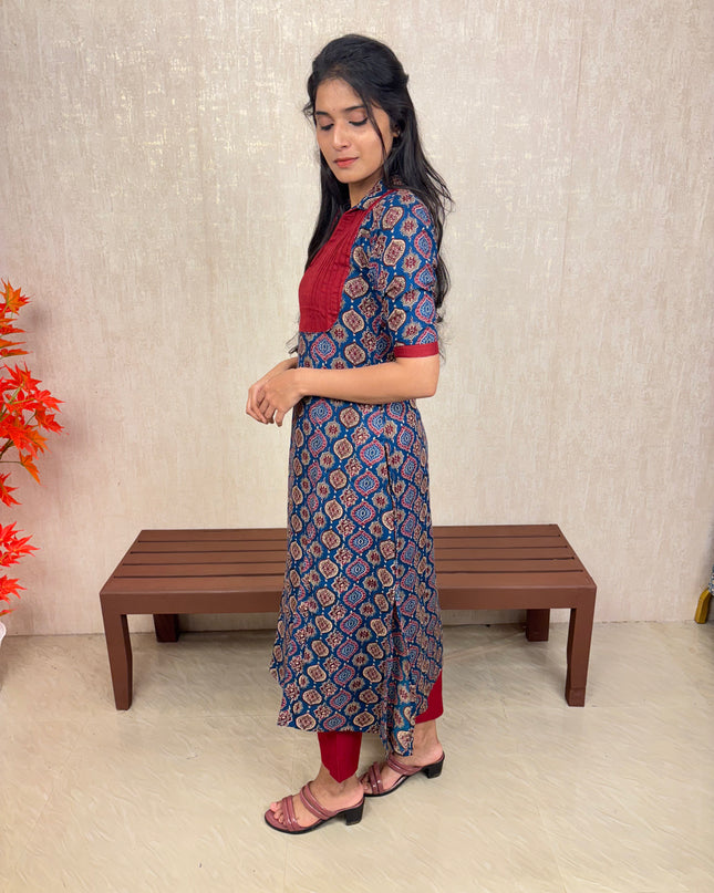 Printed Cotton A-Line Kurti with Pin Tuck Yoke – EC073