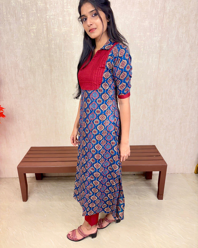 Printed Cotton A-Line Kurti with Pin Tuck Yoke – EC073