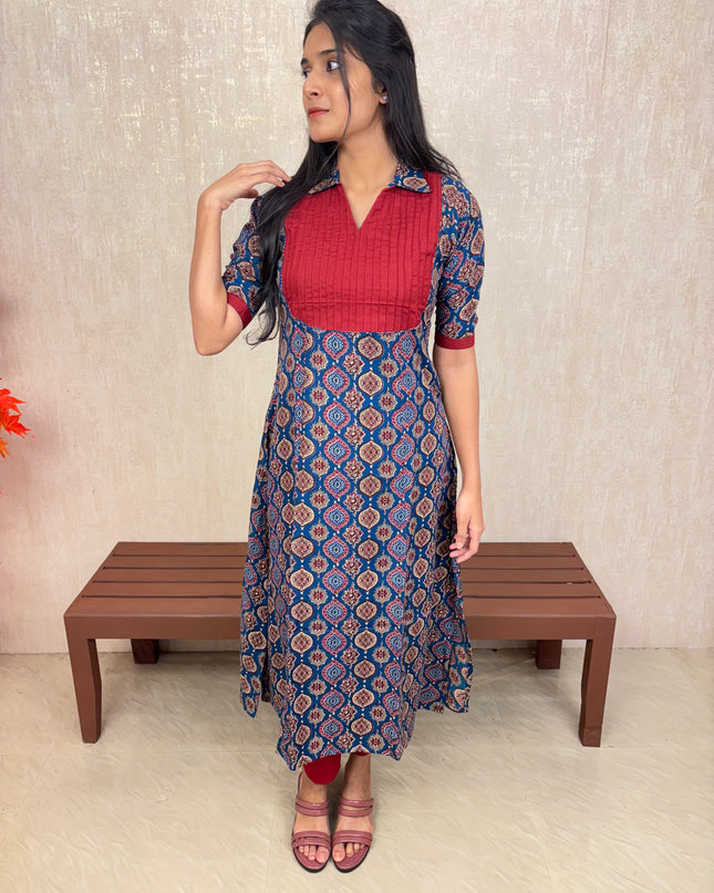 Printed Cotton A-Line Kurti with Pin Tuck Yoke – EC073