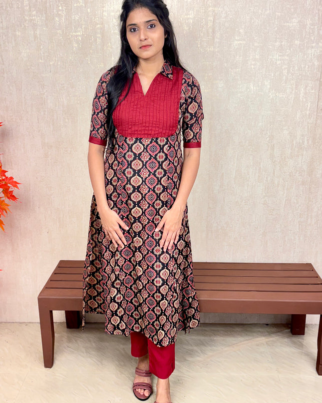 Printed Cotton A-Line Kurti with Pin Tuck Yoke – EC073