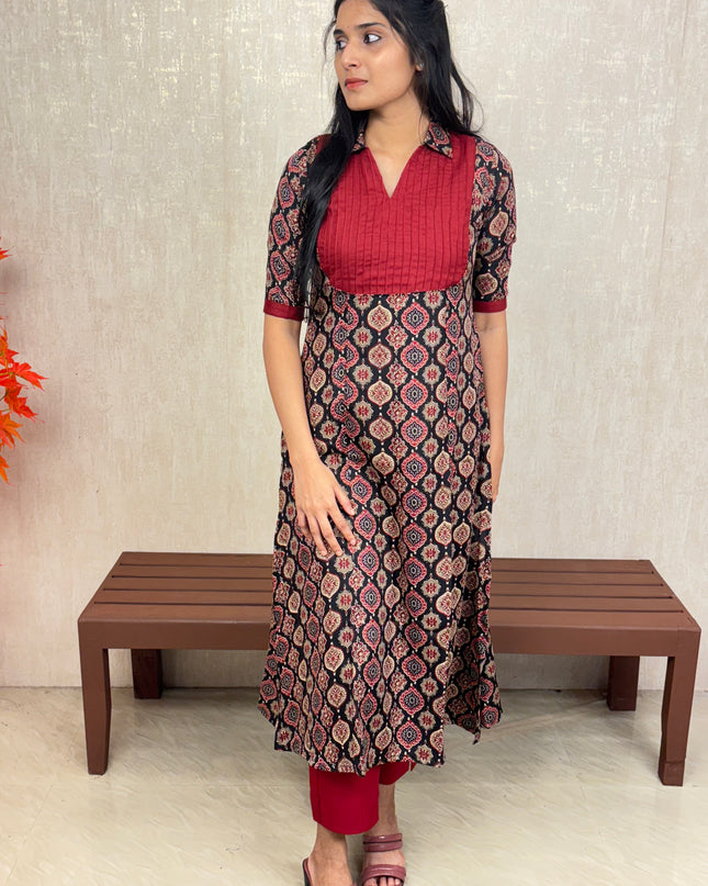 Printed Cotton A-Line Kurti with Pin Tuck Yoke – EC073