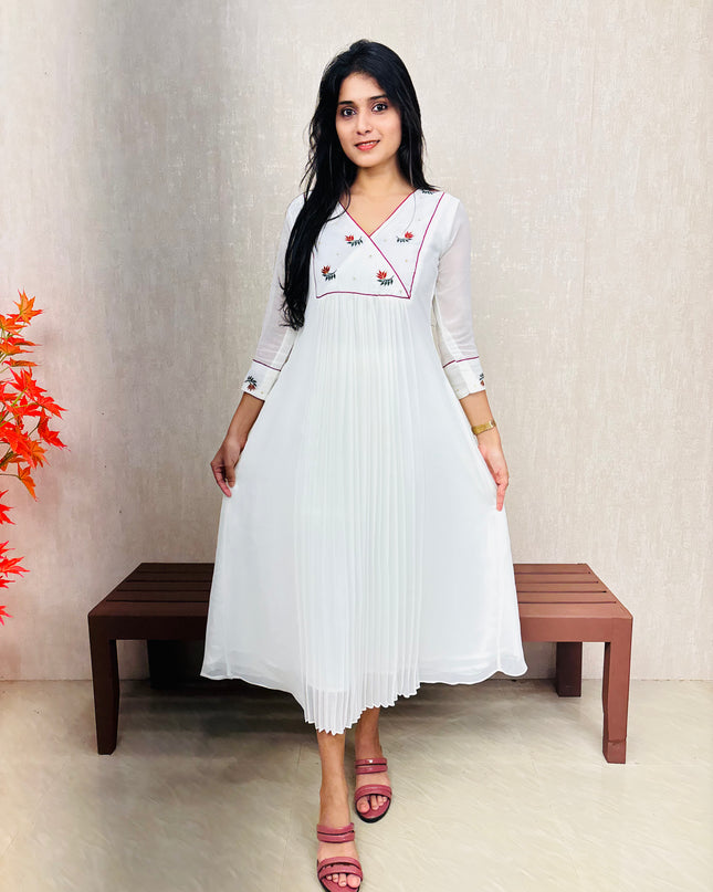 Off-White Pleated Georgette Kurta with Embroidered Yoke – EC075