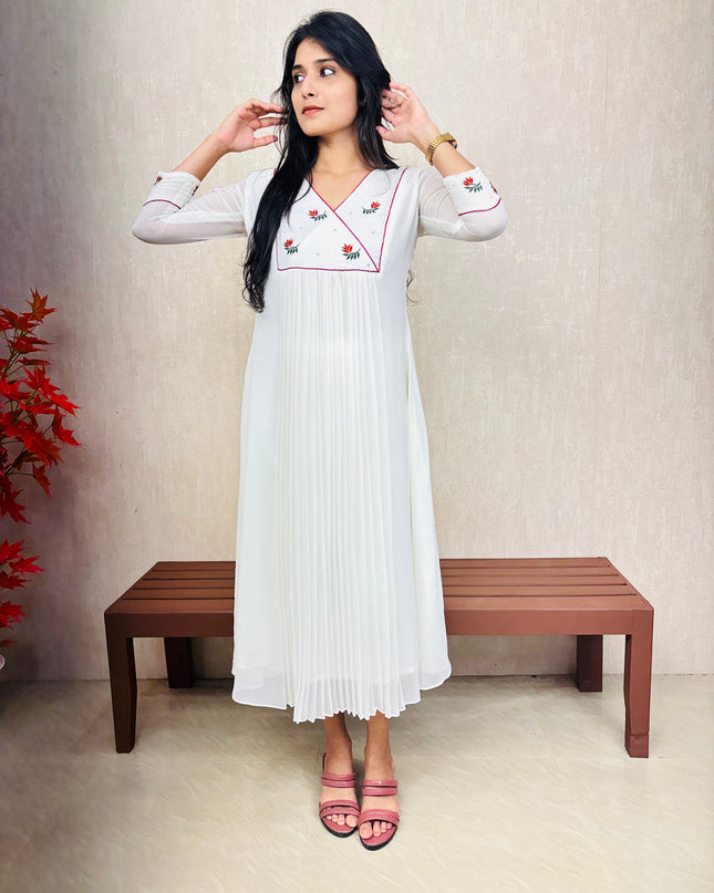 Off-White Pleated Georgette Kurta with Embroidered Yoke – EC075