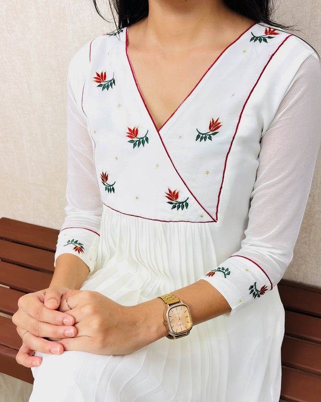 Off-White Pleated Georgette Kurta with Embroidered Yoke – EC075