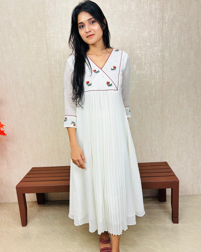 Off-White Pleated Georgette Kurta with Embroidered Yoke – EC075