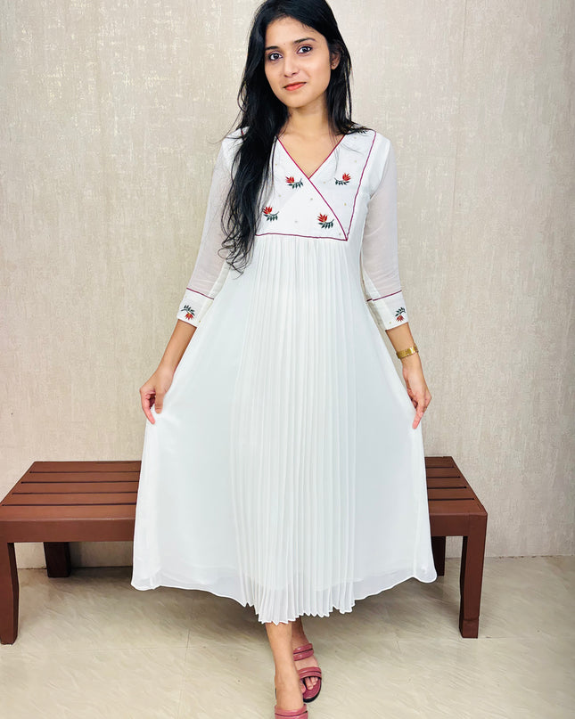 Off-White Pleated Georgette Kurta with Embroidered Yoke – EC075