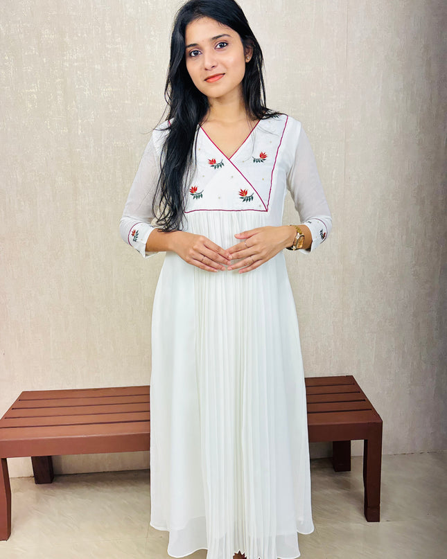 Off-White Pleated Georgette Kurta with Embroidered Yoke – EC075