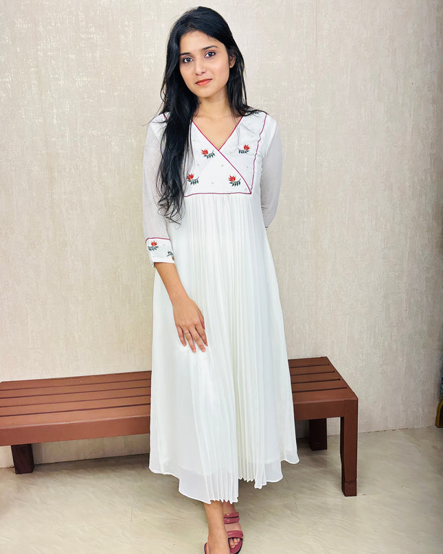 Off-White Pleated Georgette Kurta with Embroidered Yoke – EC075