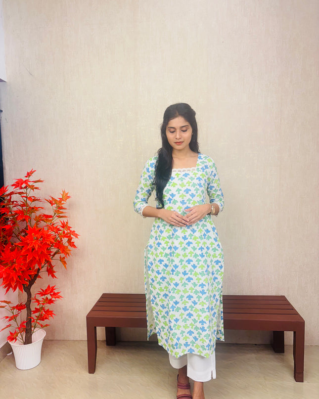 Blue & Green Abstract Floral Cotton Kurti Set – EC076