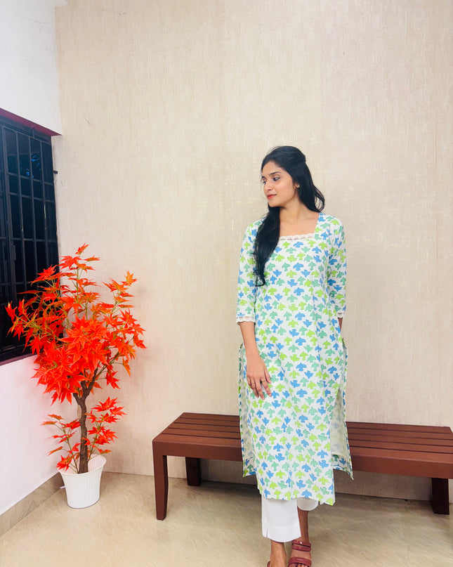 Blue & Green Abstract Floral Cotton Kurti Set – EC076