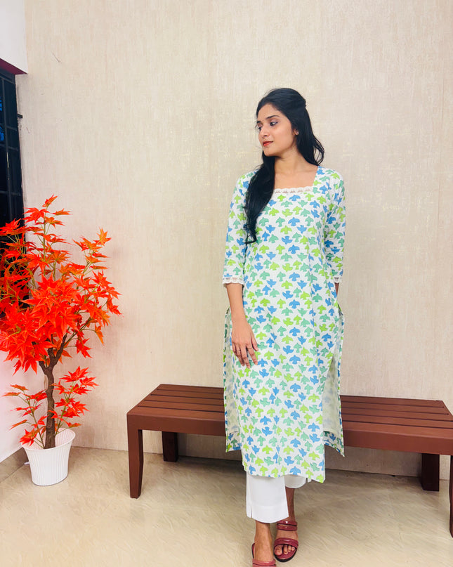 Blue & Green Abstract Floral Cotton Kurti Set – EC076