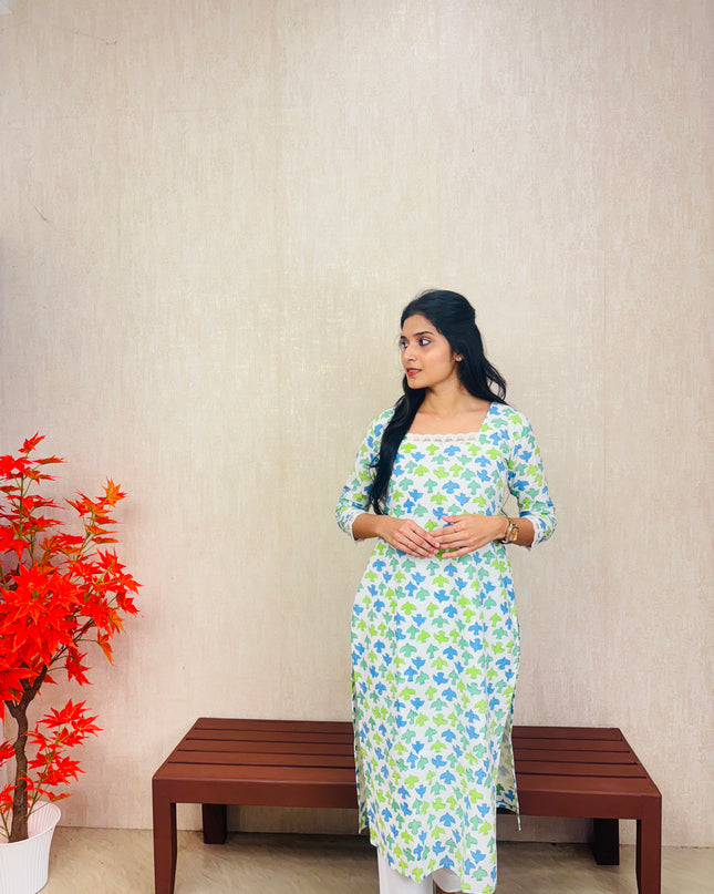 Blue & Green Abstract Floral Cotton Kurti Set – EC076