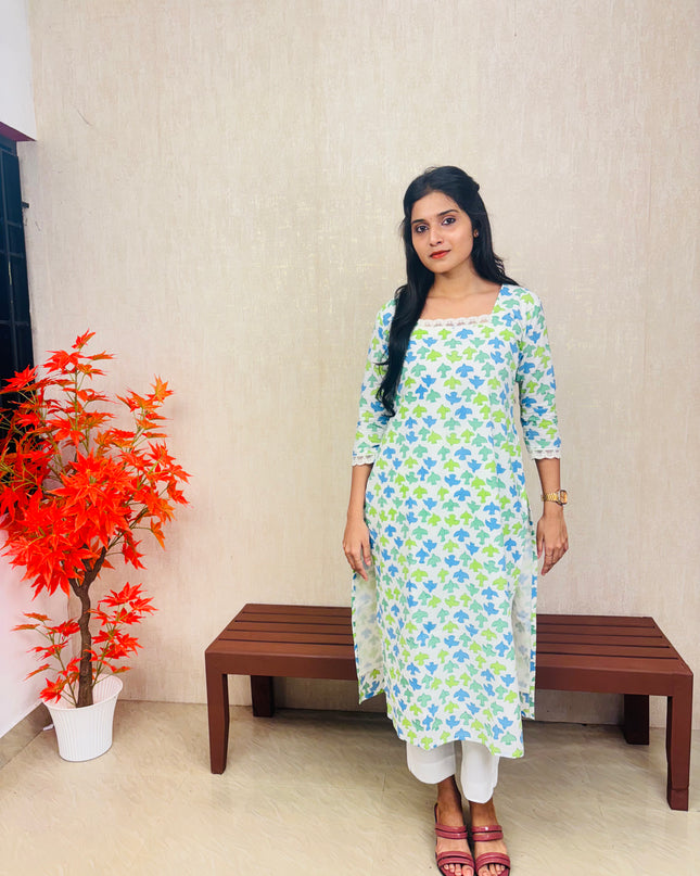 Blue & Green Abstract Floral Cotton Kurti Set – EC076