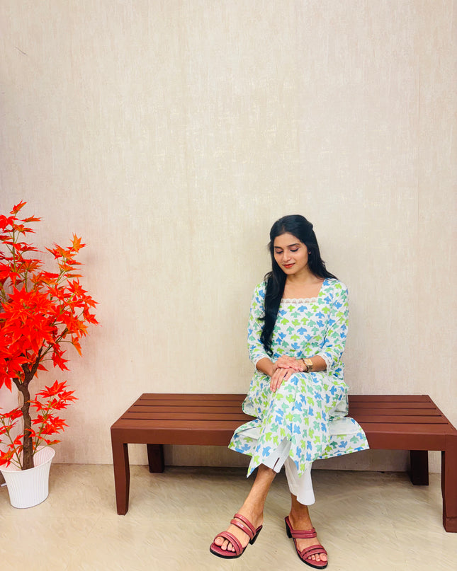 Blue & Green Abstract Floral Cotton Kurti Set – EC076