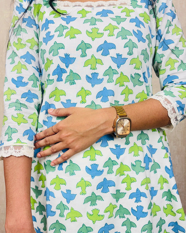 Blue & Green Abstract Floral Cotton Kurti Set – EC076
